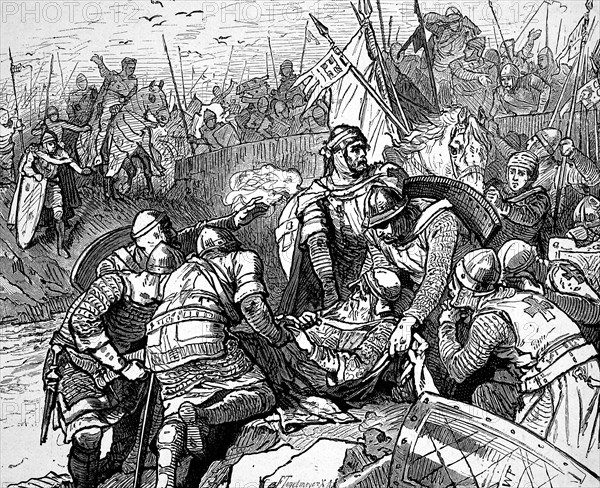 The Death of Frederick I, Frederick, 1122, 10 June 1190, also known as Frederick Barbarossa, he was the Holy Roman Emperor from 1155 until his death, Historical, digitally restored reproduction from a...