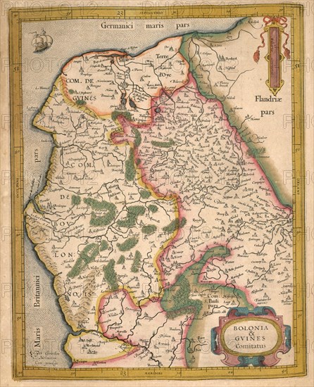 Atlas, map from 1623, Bolonia and Guines, France, digitally restored reproduction from an engraving by Gerhard Mercator, born Gheert Cremer, 5 March 1512, 2 December 1594, geographer and cartographer,...