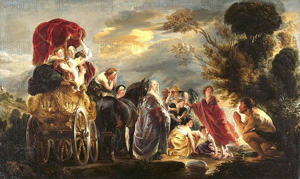 Episode from the Odyssey by Homer. Odysseus, naked and exhausted after a shipwreck, frightens the princess Nausicaa and her retinue of maidens, painting by Jacob Jordaens, Historical, digitally restor...