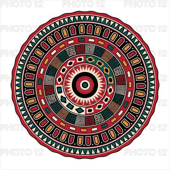 Decorative round tribal design element over white background, vector illustration