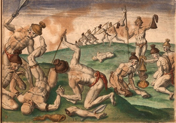 Scene from the aftermath of the war. Native Americans scalp fallen enemies, dry the scalps over a fire and mutilate the corpses. Includes war clubs, arrows and knives, Historic, digitally restored rep...