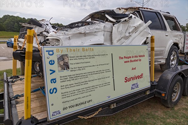 Conway, Missouri, An auto safety display at a rest area on Interstate 44 promotes the use of seat belts. Two cars that crashed are shown: the passengers in one car who wore seat belts survived, the un...