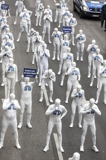 Protest of the environmental organisation Greenpeace, on the Bundesstrasse 14 40 activists demand better air quality, the Neckartor is considered the most polluted street in Germany with high levels o...