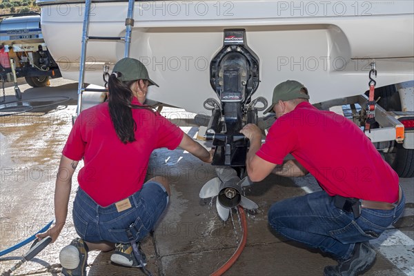 Evanston, Wyoming, Employees of the Wyoming Game & Fish Department inspect and decontaminate watercraft at a mandatory inspection station along the Utah border. The intent is to keep invasive aquatic ...