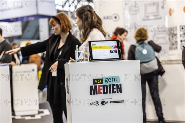 Trade fair stand of ARD, ZDF and Deutschlandradio with the initiative so geht Medien, Didacta trade fair in Stuttgart, Europes largest education trade fair. Stuttgart, Baden-Wuerttemberg, Germany, Eur...
