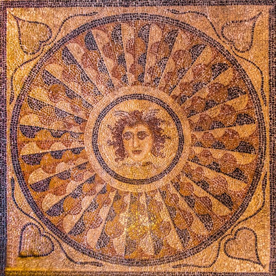Mosaic floor with head of Medusa from Kos, 3rd century, Grand Masters Palace built in the 14th century by the Johnnite Order, fortress and palace for the Grand Master, UNESCO World Heritage Site, Old ...