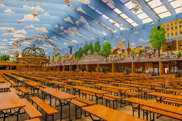 Wiesnaufbau, Hackerfest tent, Oktoberfest, Theresienwiese, Munich, Upper Bavaria, Bavaria, Germany, Europe