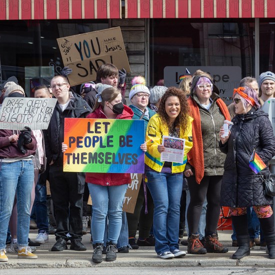 Royal Oak, Michigan USA, 11 March 2023, A small group of conservative Republicans protesting the Sidetrack Bookshops Drag Queen Story Hour were outnumbered by many hundreds of counter-protesters suppo...