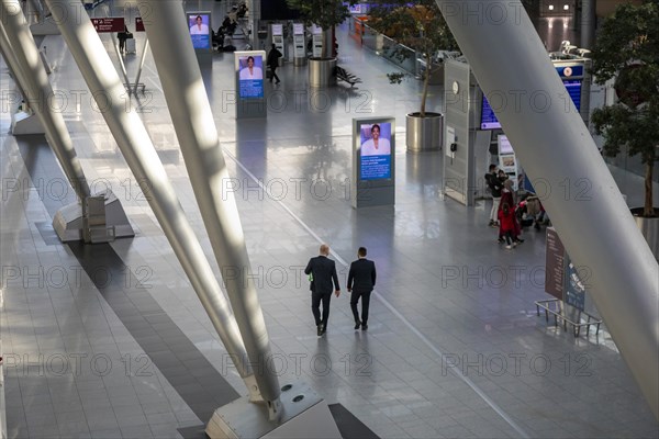 Duesseldorf Airport, DUS, departure hall, terminal, Airport International in lockdown during Corona crisis, hardly any travel and only few departure connections due to travel restrictions, Duesseldorf...