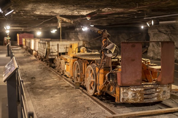 Hutchinson, Kansas, Old rail cars used in salt mining at the Strataca Underground Salt Mine Museum. Visitors can descend 650 feet and tour sections that have previously been mined. The Hutchinson Salt...