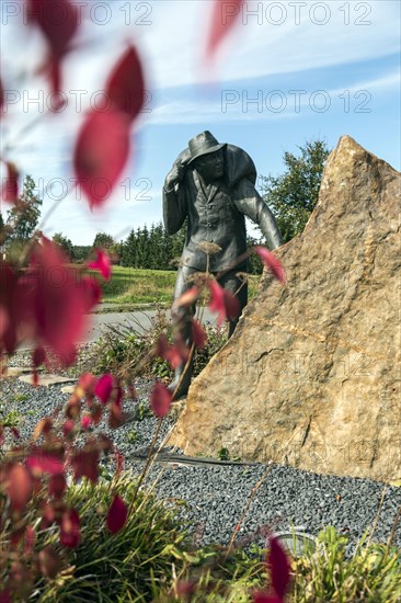The Smuggler, this monument commemorates the time of coffee smuggling from 1945-1953 at the German-Belgian border, North Eifel, Monschau, North Rhine-Westphalia, North Rhine-Westphalia, Germany, Europ...