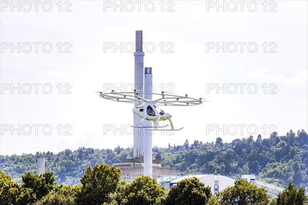 Air taxi at the Mercedes plant, first flight of a Velocopter over a major European city, autonomous aircraft without passenger and without pilot, Untertuerkheim, Stuttgart, Baden-Wuerttemberg, Germany...