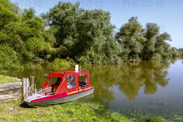 Flooding after heavy rain in North Rhine-Westphalia in the nature reserve at the Grietherorter and Bienener Altrhein, road flooded, boat of the fire brigade Rees, Rees, North Rhine-Westphalia, Germany...