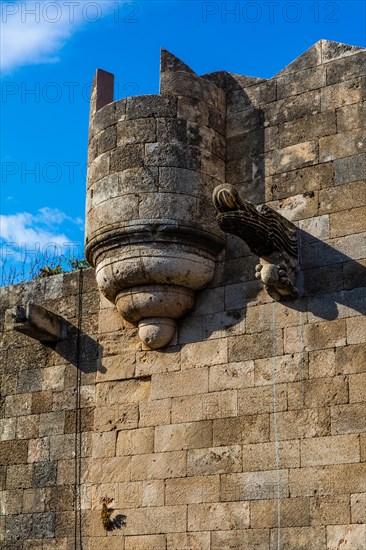 Front of French hostel, Knights Street in Old Town from the time of the Order of St. John, only surviving 16th century street in late Gothic style, Oddos Ippoton, Rhodes Town, Greece, Europe