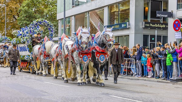 Festival procession, entry of the Wiesnwirte, Loewenbraeu brewery float loaded with barrels, Oktoberfest, Munich, Upper Bavaria, Bavaria, Germany, Europe