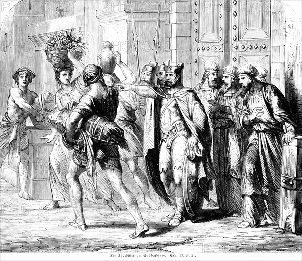 The Keepers of the Torah on the Sabbath Day, Sabbath, spears, gate, keepers, night, wall, Prietser, woman, men, Bible, Old Testament, The Book of Nehemiah, chapter 13, verse 21, historical illustratio...