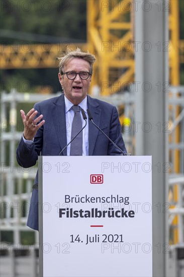 Ronald Pofalla, then Member of the Board of Management of Deutsche Bahn AG responsible for infrastructure, at the construction site of the Filstalbruecke railway bridge, bridge building at a height of...