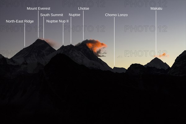 Daybreak at Gokyo Ri. Three clouds mark three eight-thousanders, Mount Everest on the left, Lhotse in the middle and Makalu on the right-hand-side in the greater distance. Photo with peak labels. Goky...