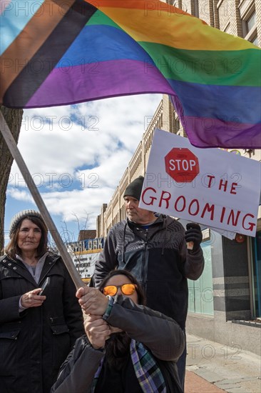 Royal Oak, Michigan USA, 11 March 2023, A small group of conservative Republicans protesting the Sidetrack Bookshops Drag Queen Story Hour were outnumbered by many hundreds of counter-protesters suppo...