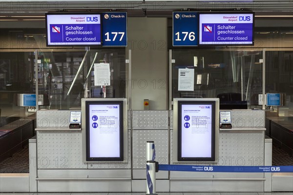 Duesseldorf Airport, DUS, departure hall, terminal, Airport International in lockdown during Corona crisis, hardly any travel and only few departure connections due to travel restrictions, Duesseldorf...