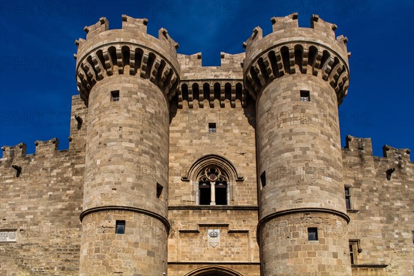 Main portal in sand-lime stone, Grand Masters Palace built in the 14th century by the Johnnite Order, fortress and palace for the Grand Master, UNESCO World Heritage Site, Old Town, Rhodes Town, Greec...