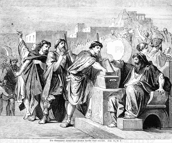 The inhabitants of Jerusalem are chosen by lot, Jerusalem, people, holy city, dwell, draw lots, crowd, chest, queue, Bible, Old Testament, The Book of Nehemiah, chapter 11, verse 1, historical illustr...