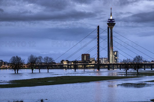 Rhine, Rhine level, high water, flooding in Duesseldorf, view of Rheinkniebruecke, Rheinturm and Medienhafen, Duesseldorf, North Rhine-Westphalia, Germany, Europe