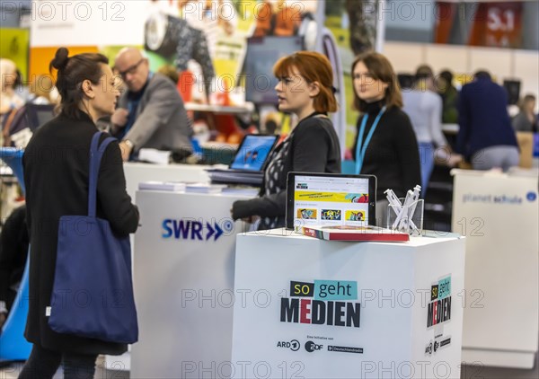 Trade fair stand of ARD, ZDF and Deutschlandradio with the initiative so geht Medien, Didacta trade fair in Stuttgart, Europes largest education trade fair. Stuttgart, Baden-Wuerttemberg, Germany, Eur...