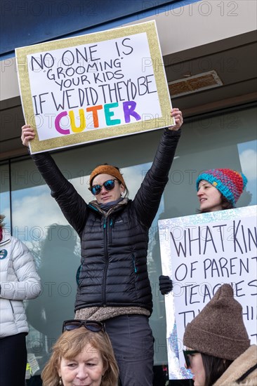 Royal Oak, Michigan USA, 11 March 2023, A small group of conservative Republicans protesting the Sidetrack Bookshops Drag Queen Story Hour were outnumbered by many hundreds of counter-protesters suppo...