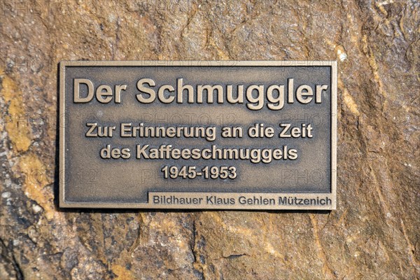 The Smuggler, this monument commemorates the time of coffee smuggling from 1945-1953 at the German-Belgian border, North Eifel, Monschau, North Rhine-Westphalia, North Rhine-Westphalia, Germany, Europ...
