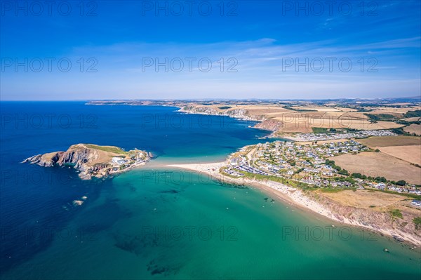 Aerial view of Burgh Island and Bigbury Beach from a drone