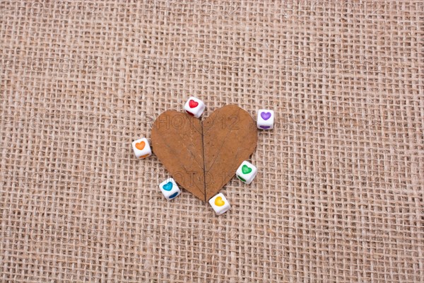 Colorful cubes with a heart on leaf on canvas