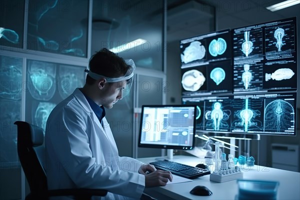 A doctor in a hospital evaluating AI-assisted medical diagnoses on large screens