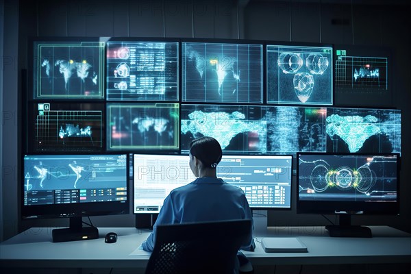 A scientist evaluating complex data on large screens