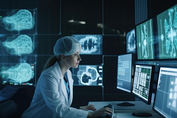 A scientist evaluating complex data on large screens