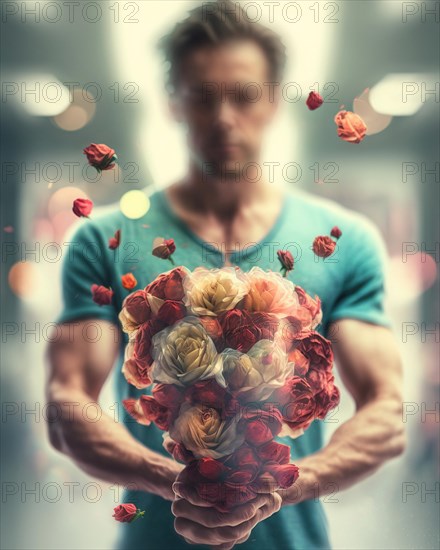 A man with dark hair holds a large bouquet of roses