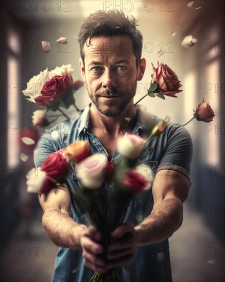 A man with dark hair holds a large bouquet of roses