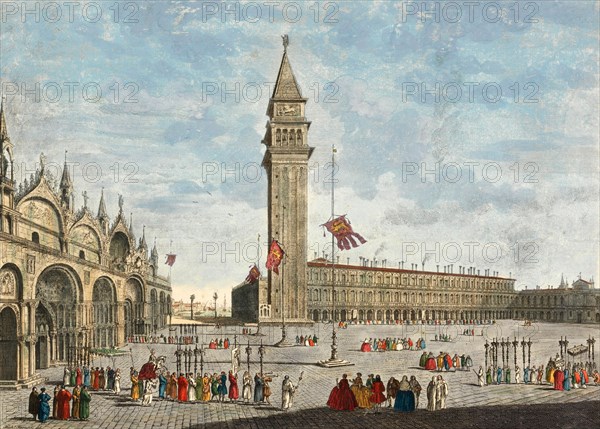 The Great Square or St Marks Square seen from the Great Clock. On the left is the portal of St Marks Church. The magnificent building on the side in front are the Apartments of the Procurators of St M...