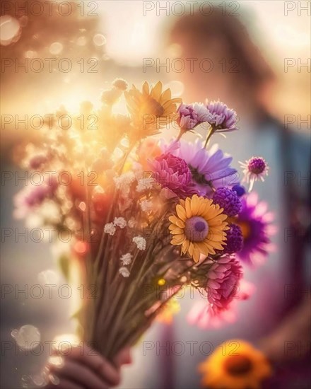 A hand holding a large bouquet of flowers