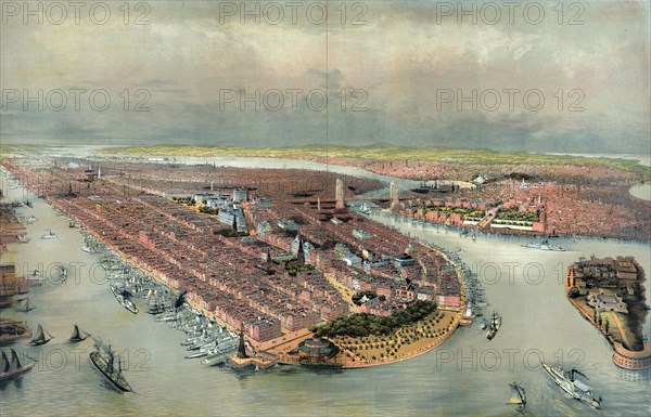 Birds eye view of New York with the waterfront