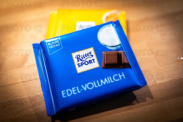 Ritter Sport chocolate packets lying on a kitchen worktop in Berlin