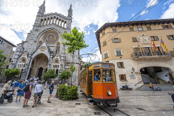 Historic tramway Tren de Soller and Parroquia de Sant Bartomeu de Soller and Town Hall
