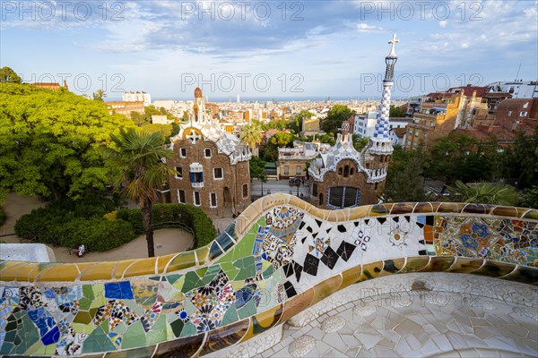 Benches with colourful mosaic
