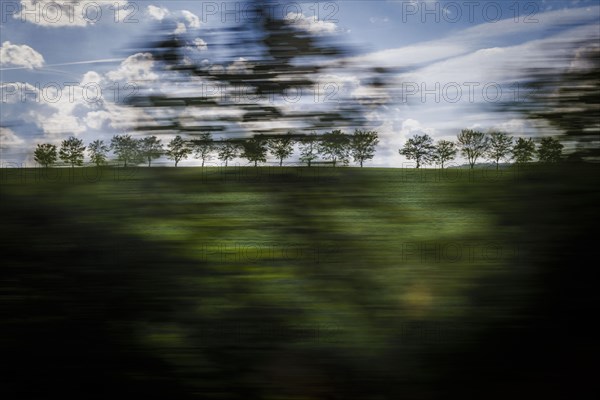 Landscape in central Germany. View from a moving train onto meadows and trees