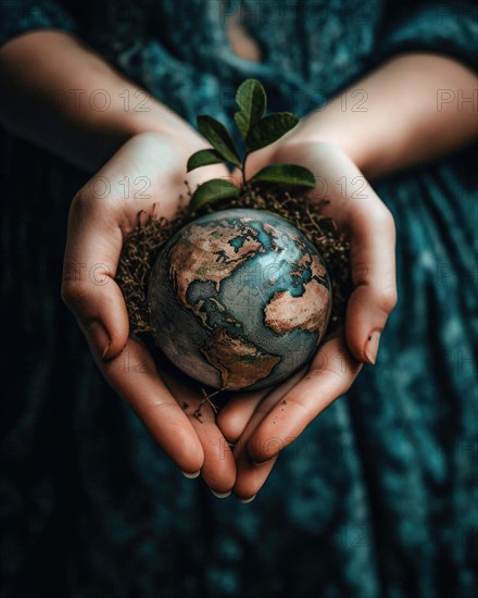 Two workers' hands gently hold a globe embedded in young plants