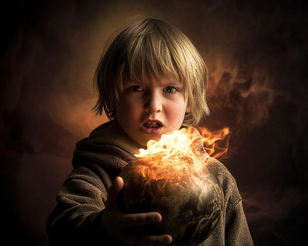 An angry young boy holds a burning globe in his hands