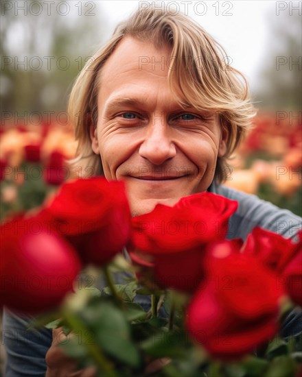 A man with a bouquet of flowers