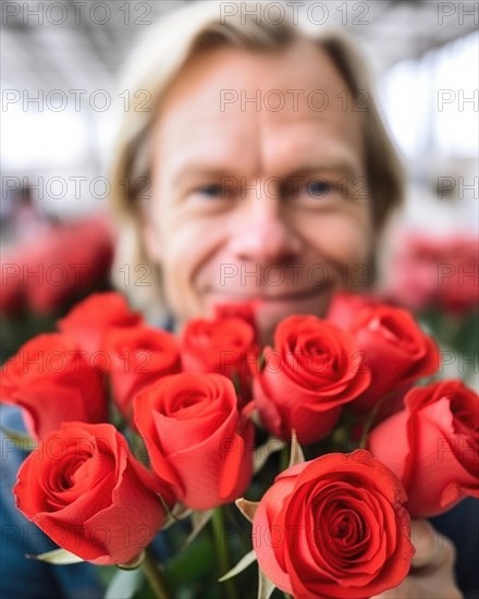 A man with a bouquet of flowers