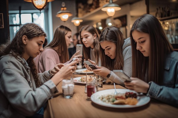 Five young girls in a restaurant busily engaged with their mobile phones