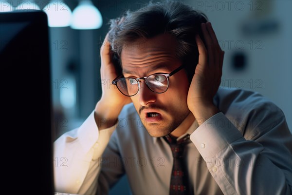 A stockbroker in glasses looks in shock at the display of his notebook